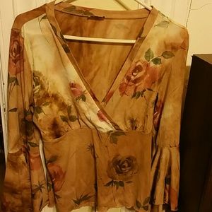 Tie back mustard tan top with roses.